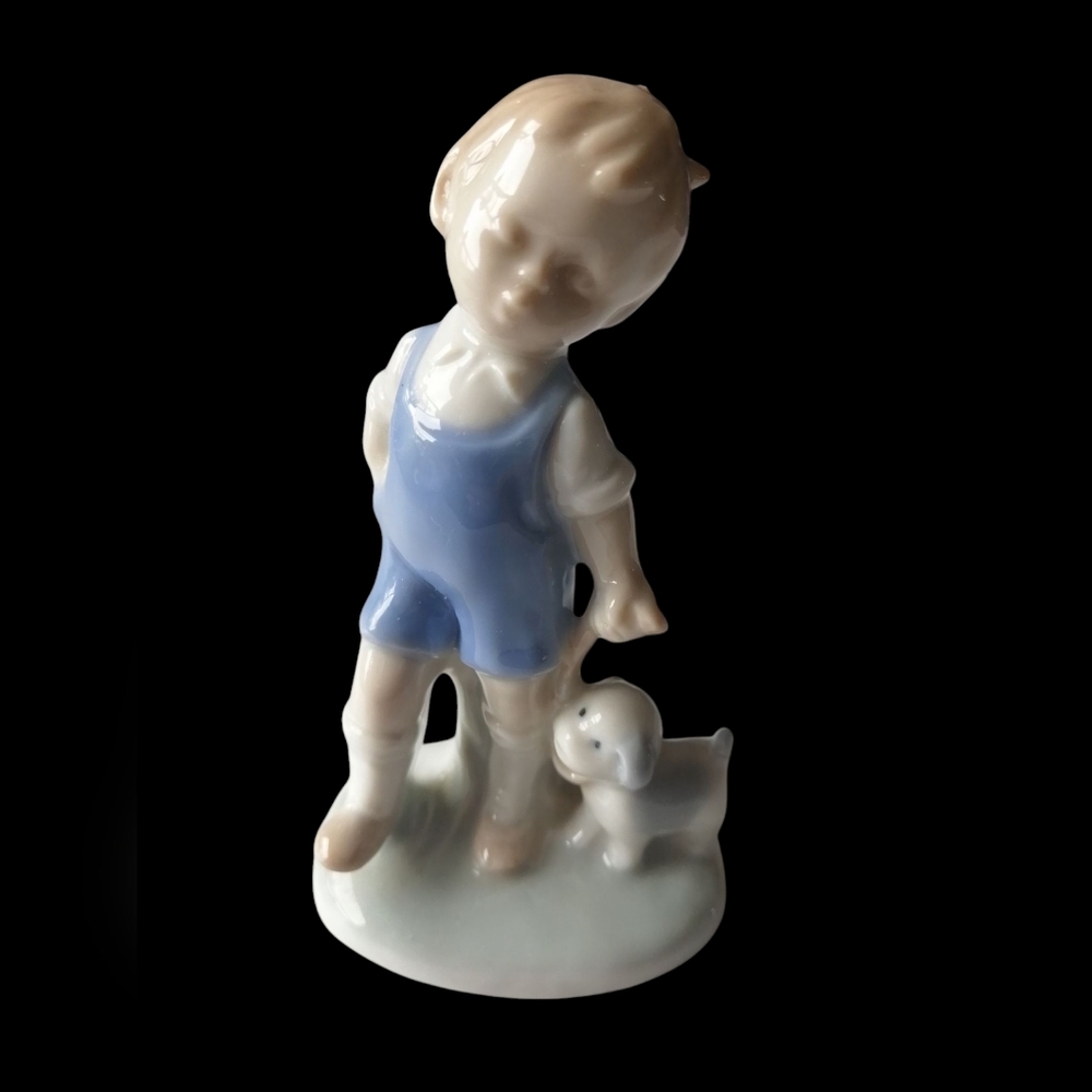 Vintage Boy with Dog Porcelain Figurine  in Blue/Off-White/Tan